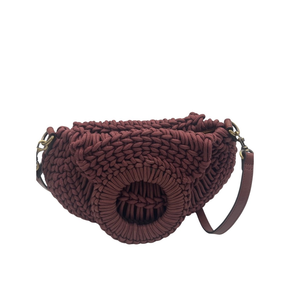 Handmade Macrame Cotton Rp Crossbody Bag Burgundy Leather Trim Boho Purse 9JE8U1